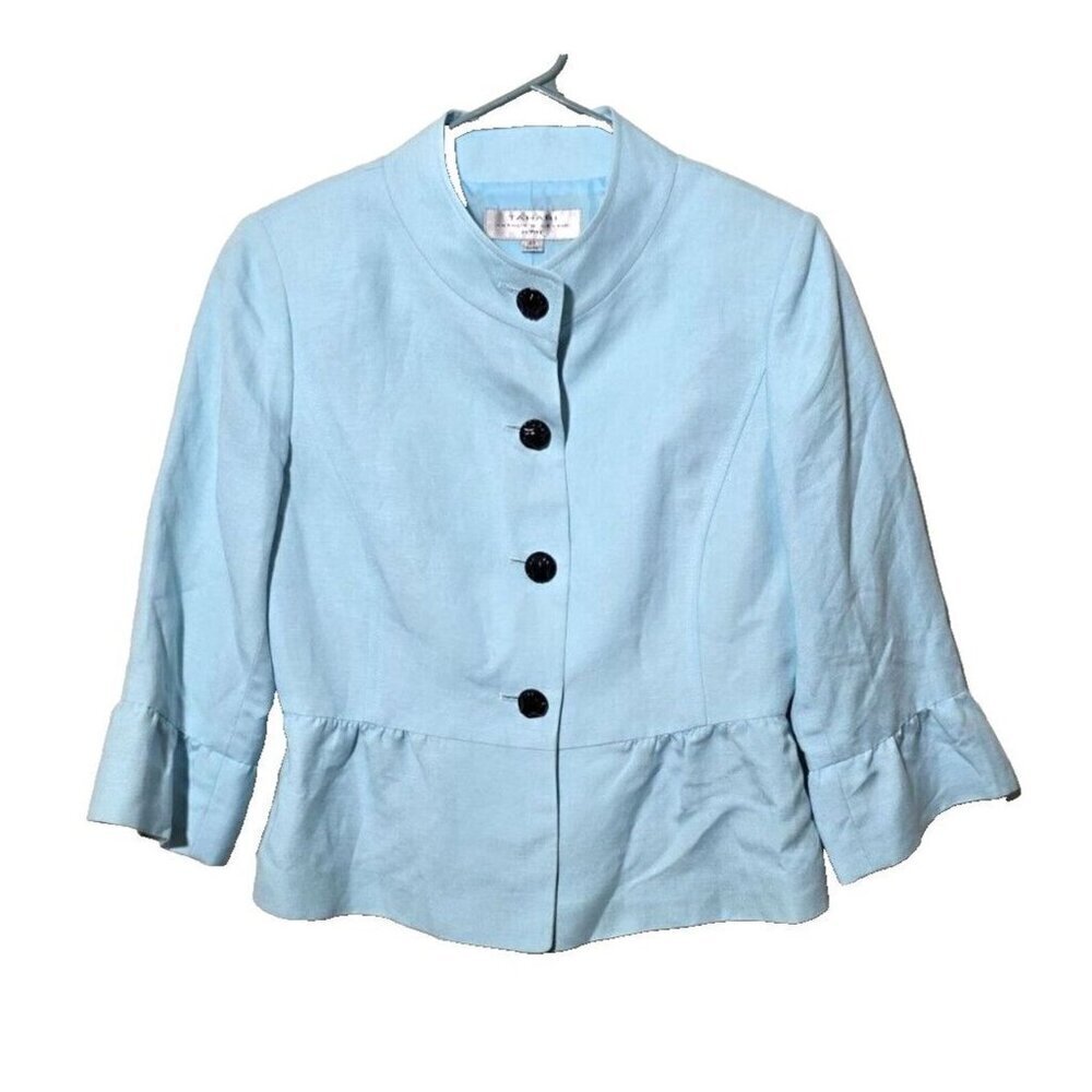Tahari ASL Blazer 8P Blue Linen Blend Peplum Bell Sleeves Button Up Professional